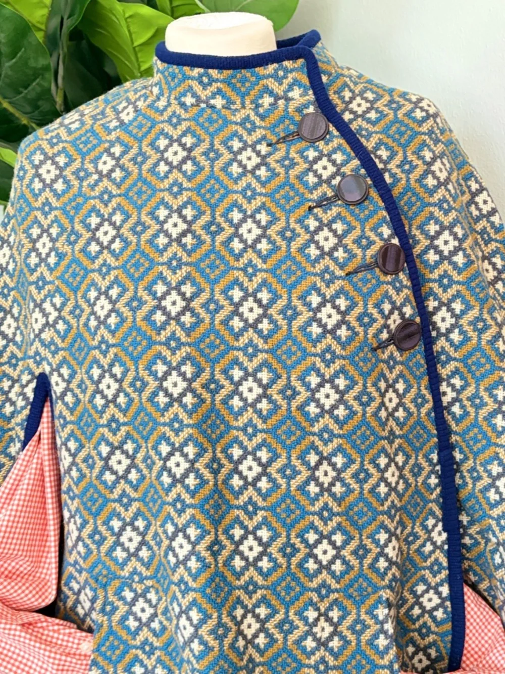 Vintage Welsh Wales Wool Tapestry Geometric Print Gold Blue White Asymmetric